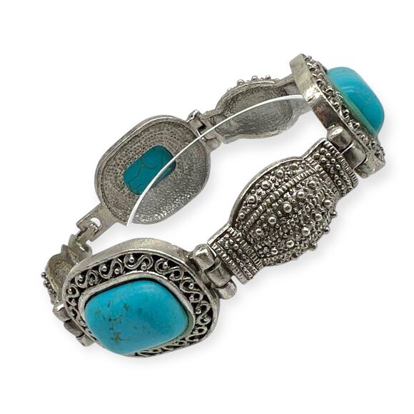 Vintage Balinese Bracelet Turquoise Blue Silver Square Shape Precious Howlite - Picture 2 of 13